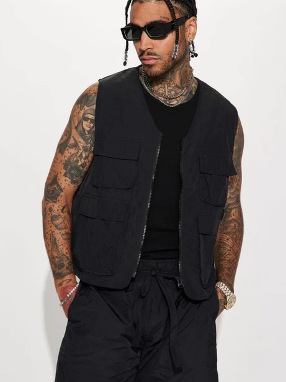 Fashion Nova Batter Up Crinkle Nylon Utility Vest - Black